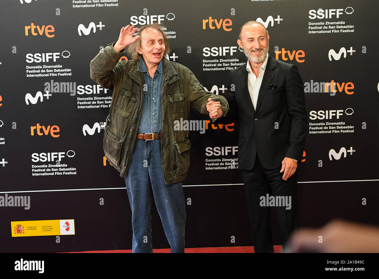 San Sebastian, Spain. 25th September 2019. Michel Houellebecq and Guillaume Nicloux attend photocall for the film 'Thalasso' at the 67th International Film Festival of San Sebastian. Credit: Julen Pascual Gonzalez/Alamy Live News Stock Photo