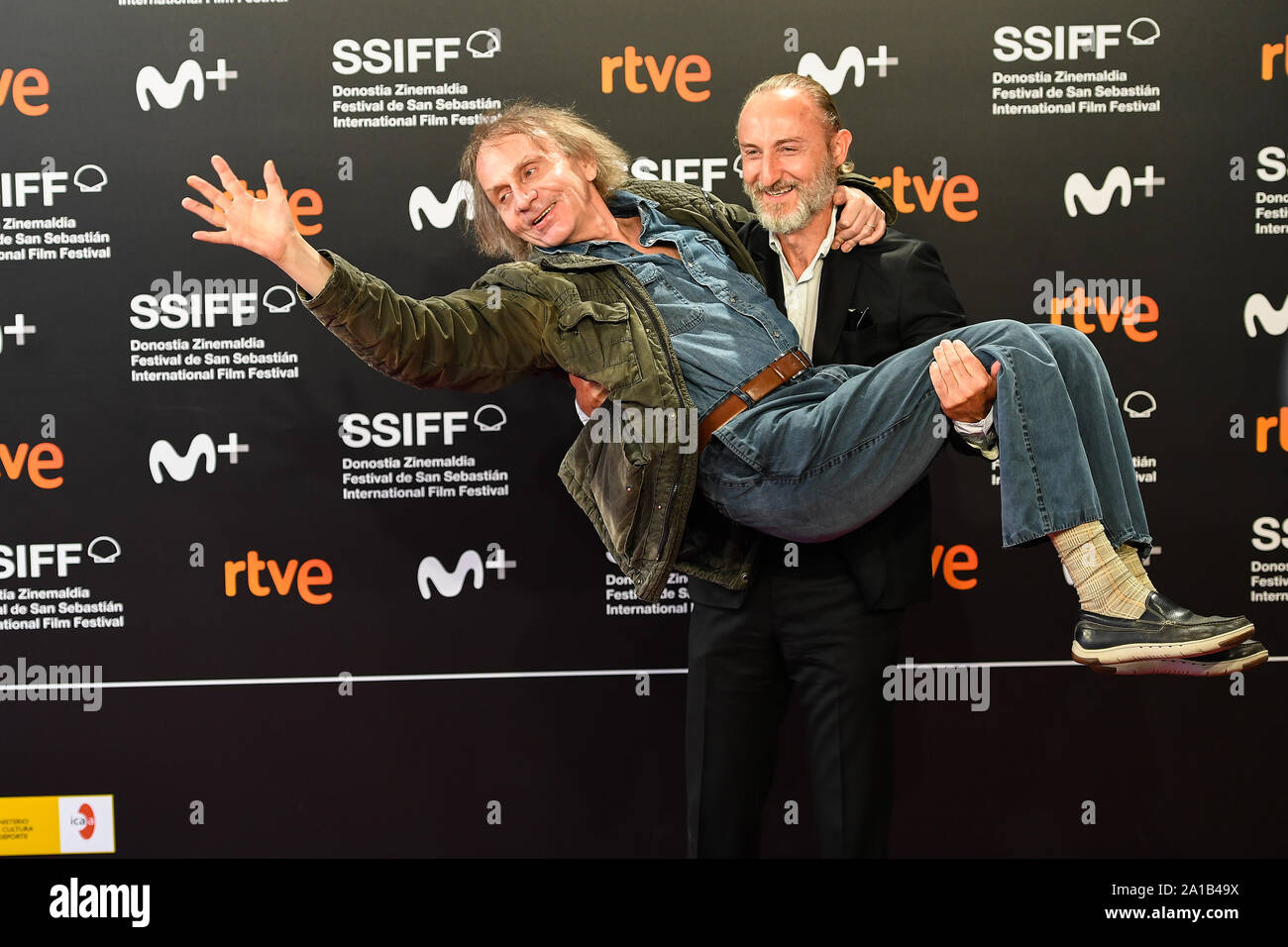 San Sebastian, Spain. 25th September 2019. Michel Houellebecq and Guillaume Nicloux attend photocall for the film 'Thalasso' at the 67th International Film Festival of San Sebastian. Credit: Julen Pascual Gonzalez/Alamy Live News Stock Photo