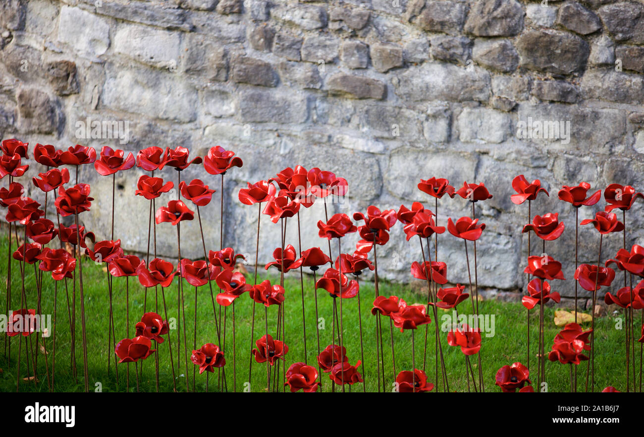 Poppies from Blood Swept Lands and Seas of Red art installation at The Tower of London marking 100 years since the 1st World War. Stock Photo