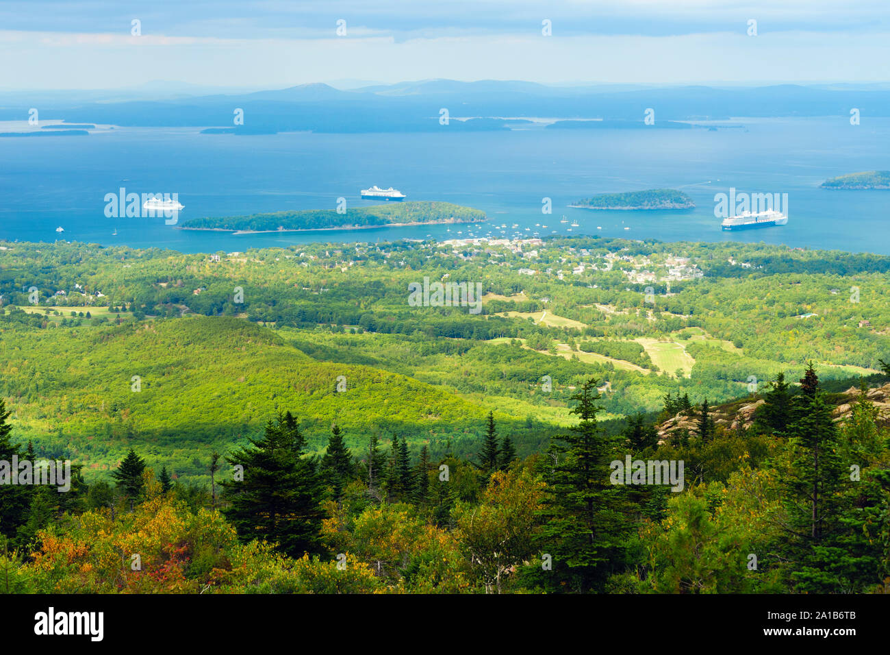 Cruise ships in Frenchman Bay, Bar Harbor, Maine, seen from the top of Cadillac Mountain, Acadia National Park. Stock Photo
