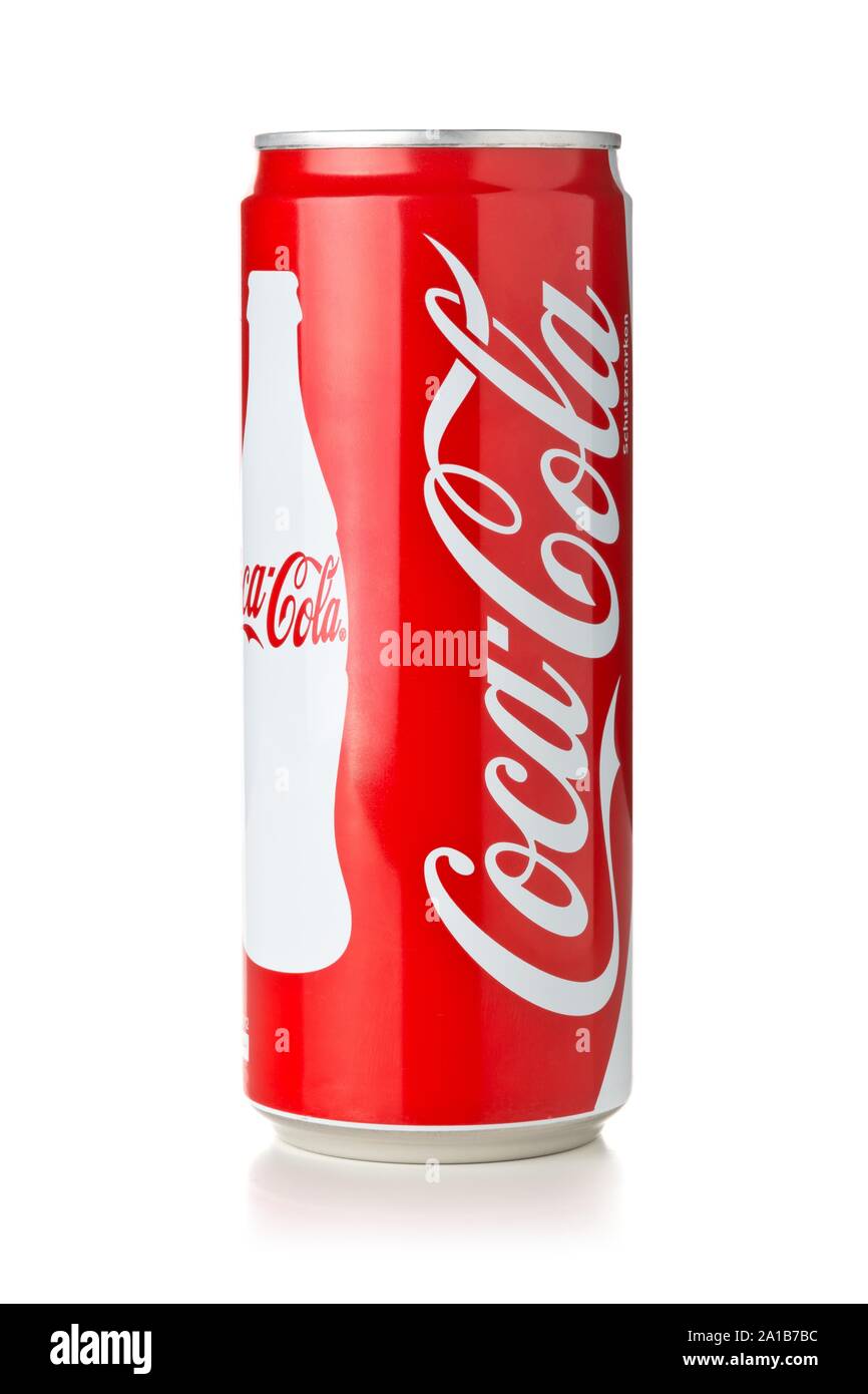 GERMANY - SEPTEMBER 25, 2019 : Coca cola soda beverage can with logo over white background Stock Photo