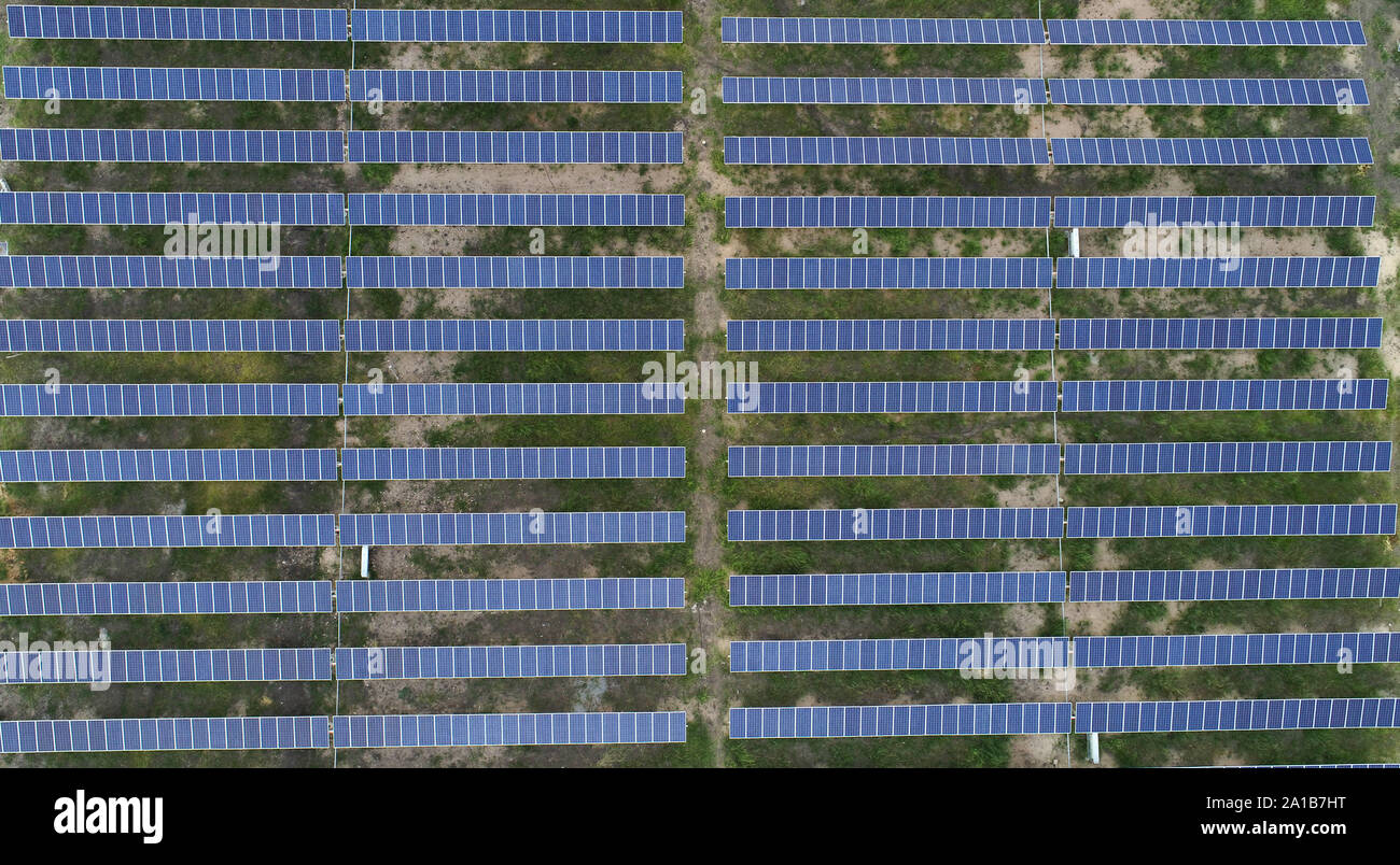 Aerial View of solar farm or solar power plant near Raichur, India Stock Photo