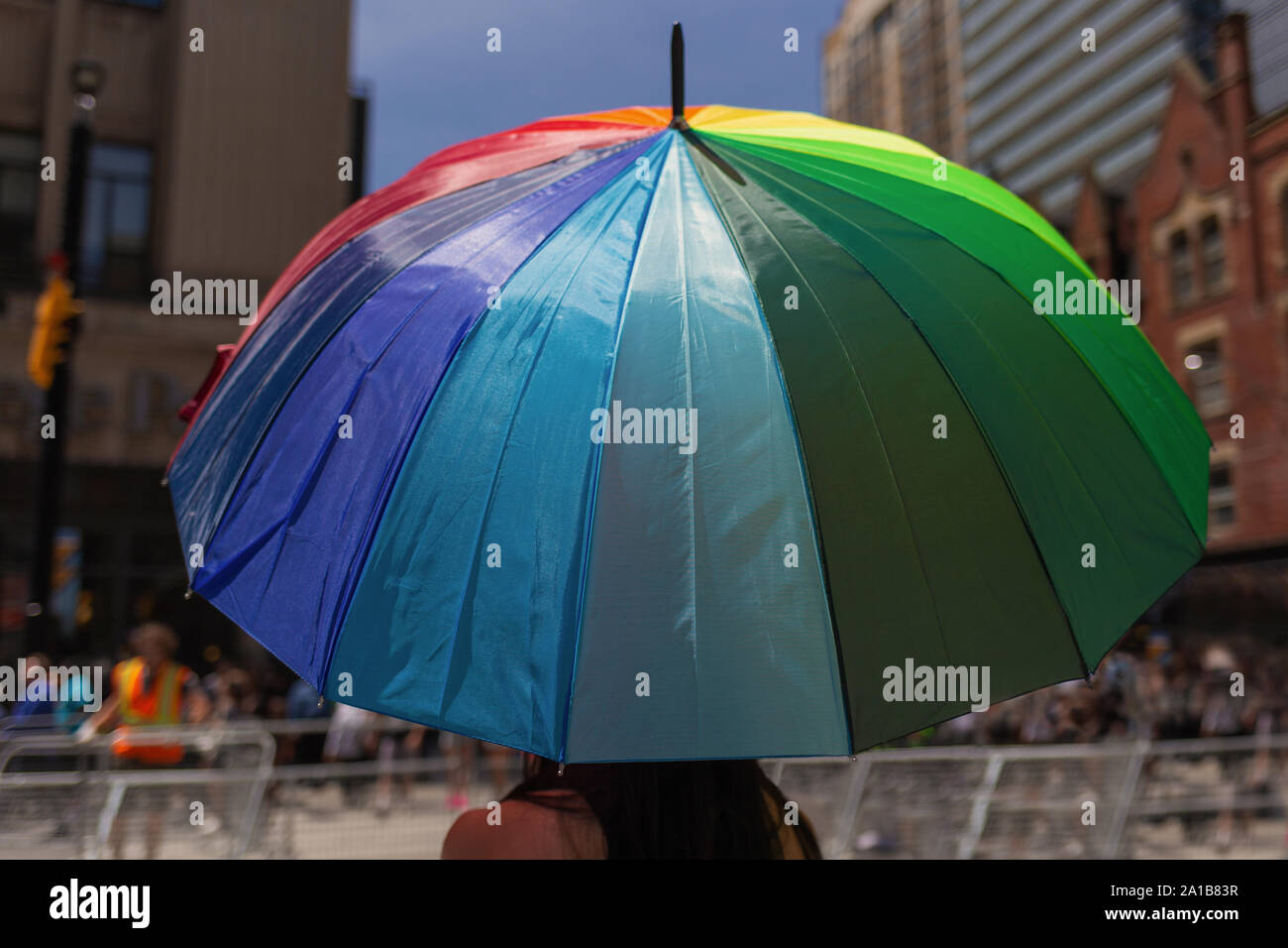 Photo of rainbow umbrella taken at Toronto Pride festival 2019 Stock Photo