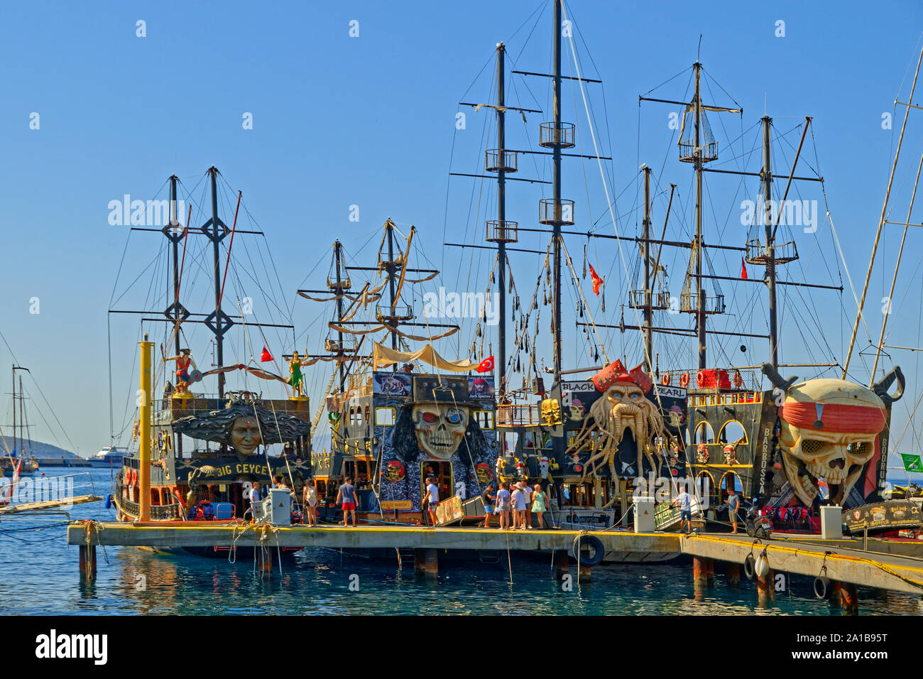 Pirate themed tourist boats at Bodrum Harbour, Mugla Province, Turkey. Stock Photo