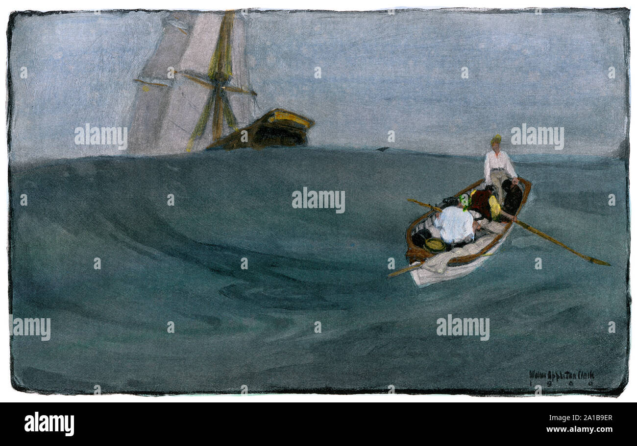 Crew rowing a captive to a slave ship off the coast of Africa, 1700s. Hand-colored halftone of a Walter Appleton Clark illustration Stock Photo
