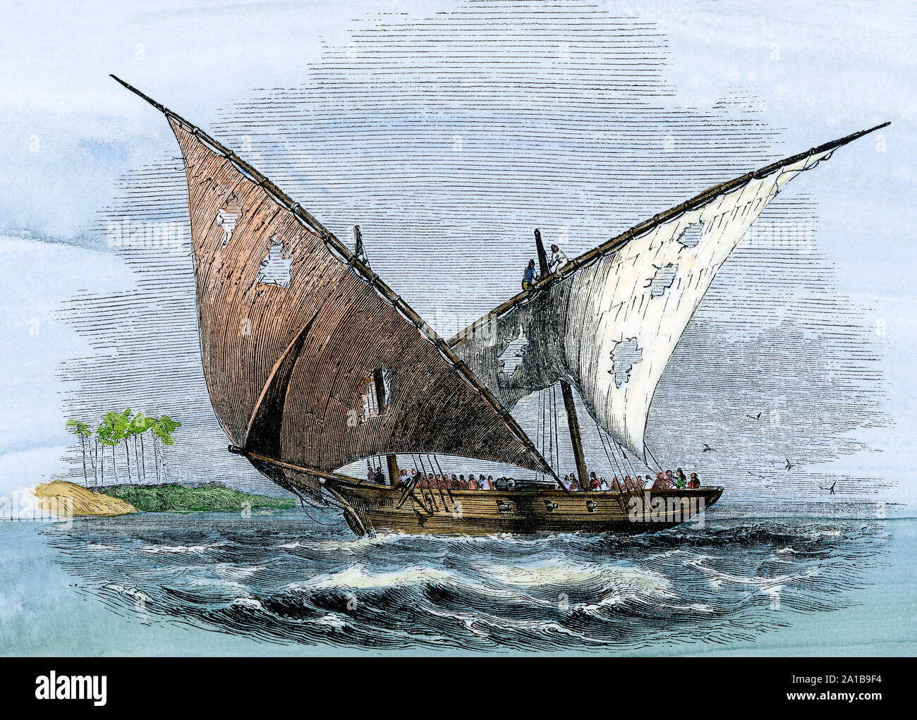 A felucca carrying slaves, off the coast of Africa, 1850s. Hand-colored woodcut Stock Photo