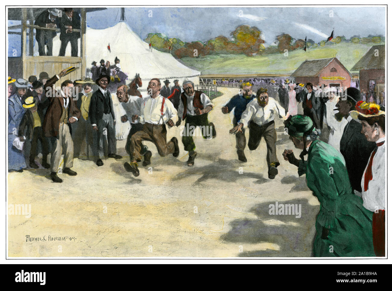 Foot-race at a county fair, circa 1900. Hand-colored halftone of an illustration Stock Photo