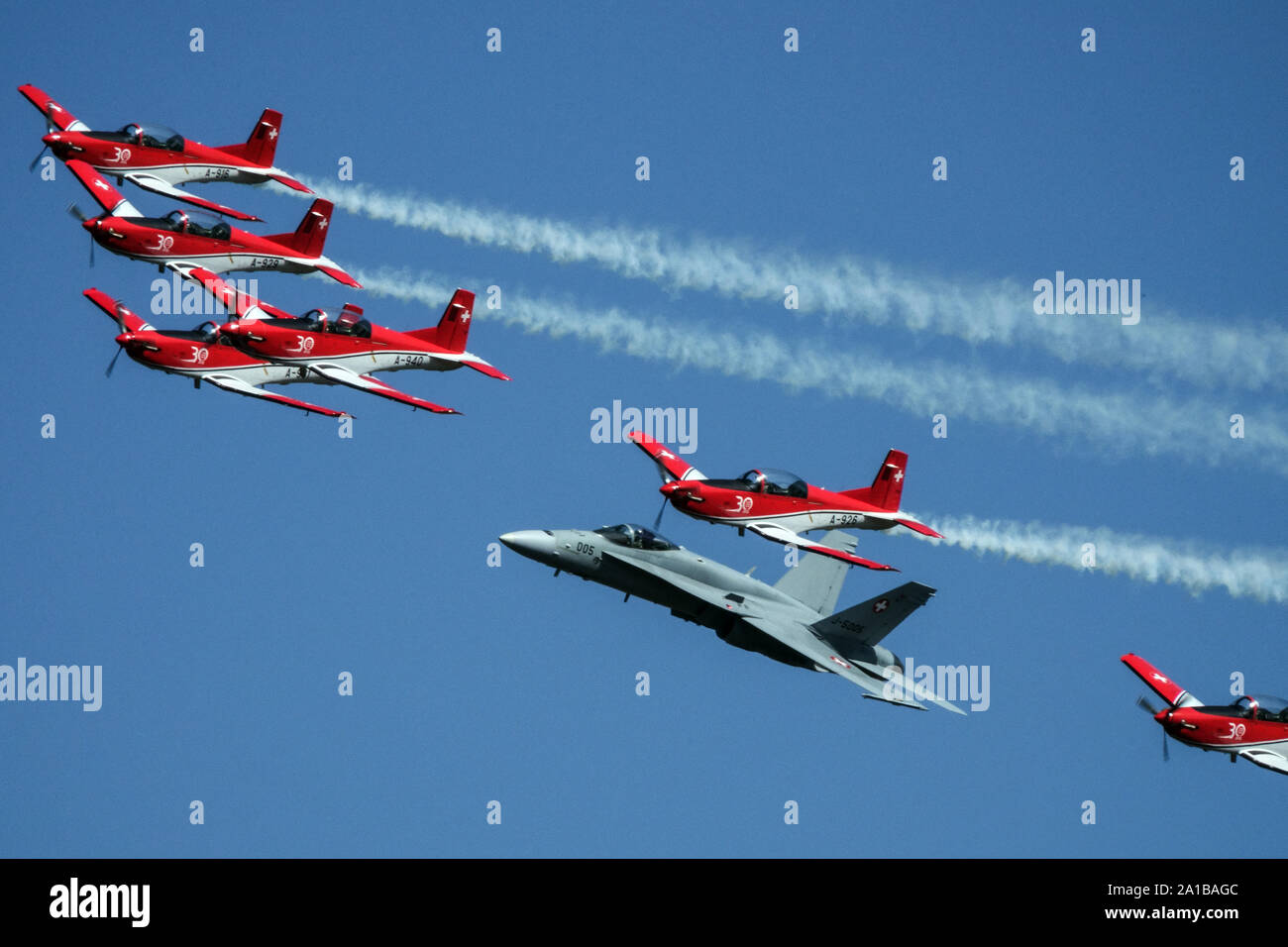 Swiss Air Force Pilatus PC-7, F/A 18 Hornet display team Stock Photo