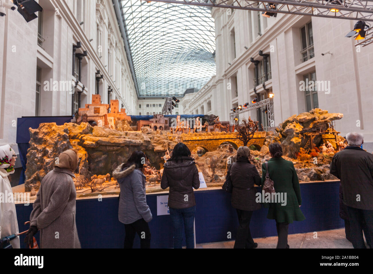 People visiting the Nativity scene, Belén in Spanish, depicting of the