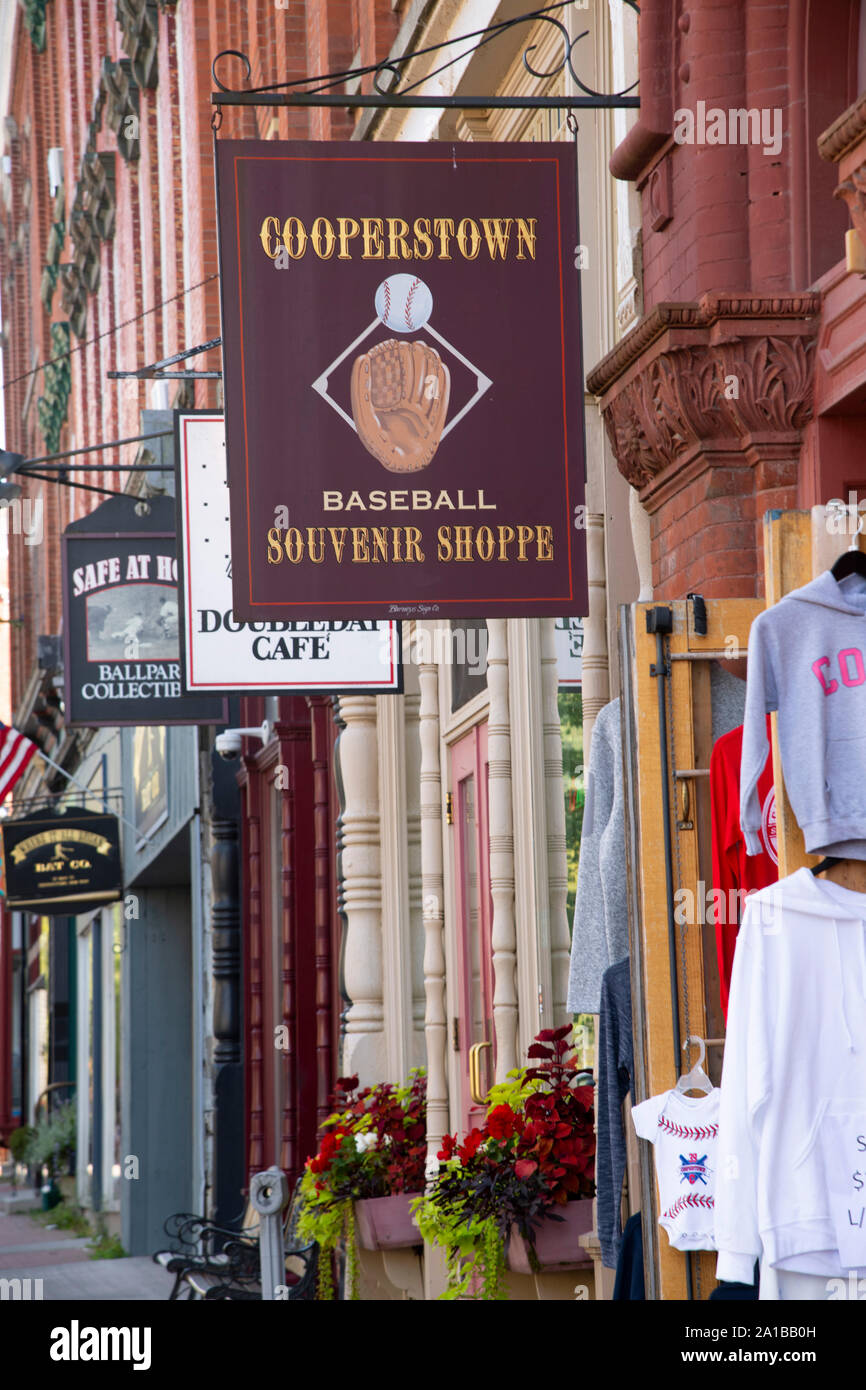 Baseball paraphenalia shops on the main street in Cooperstown, New York