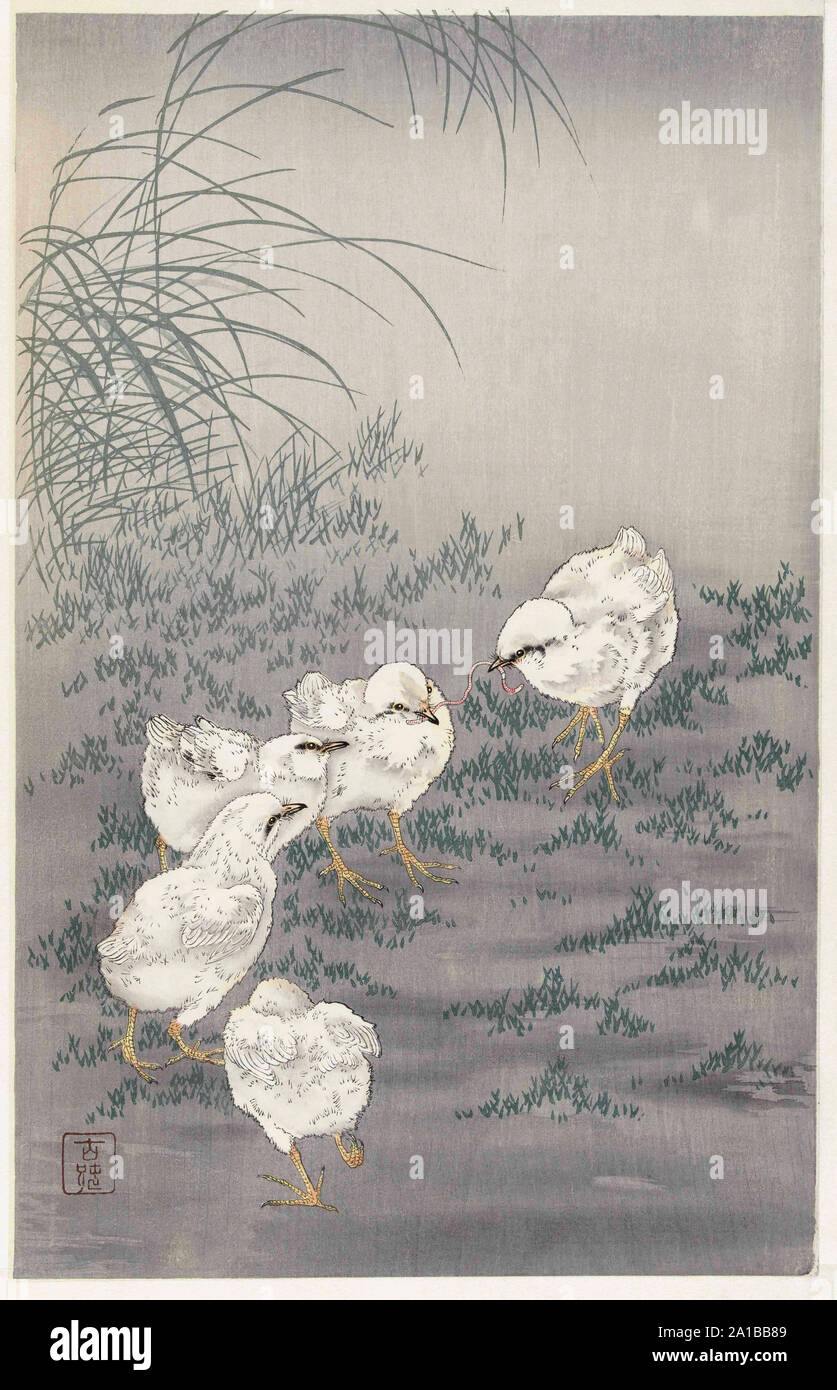 Five Chicks, by Japanese artist Ohara Koson, 1877 - 1945.  Ohara Koson was part of the shin-hanga, or new prints movement. Stock Photo