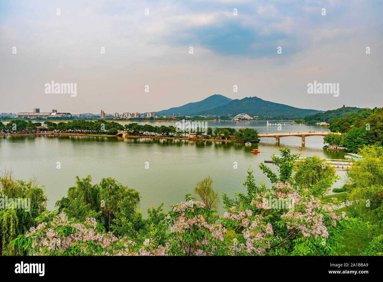 Panoramic Breathtaking High Angle View of Nanjing Xuanwu Lake Park During Afternoon Sunset Stock Photo