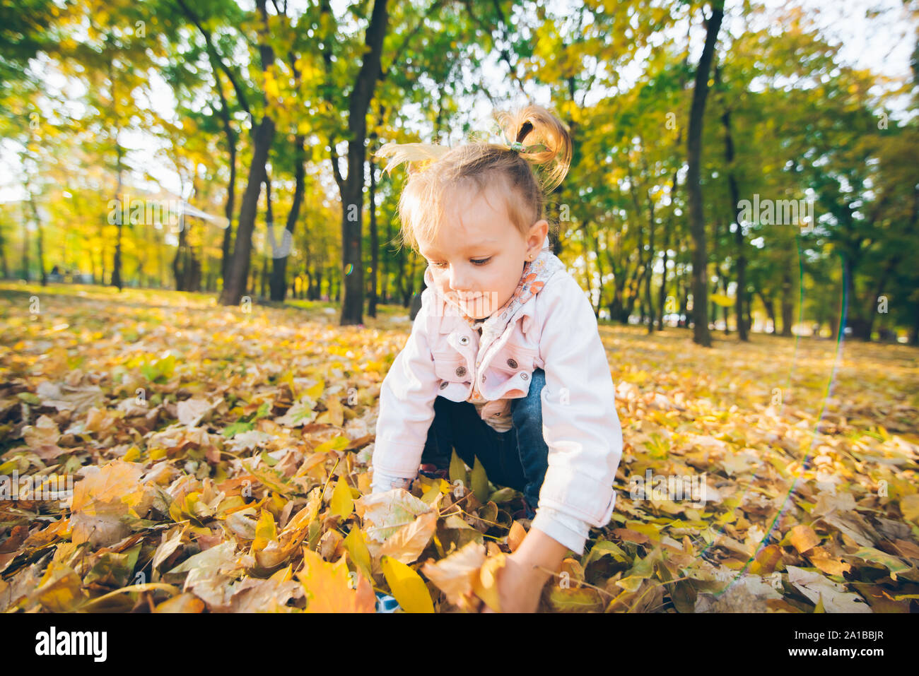 little smiling blond cute toddler girl at autumn city park Stock Photo ...