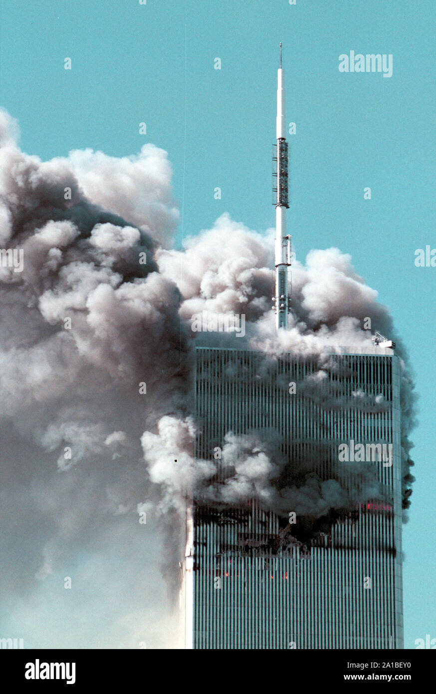 Two commercial jetplanes crashes into each of twin towers of the World Trade Center in a coordinated terror attack orchestrated by Osama Bin Laden. Stock Photo