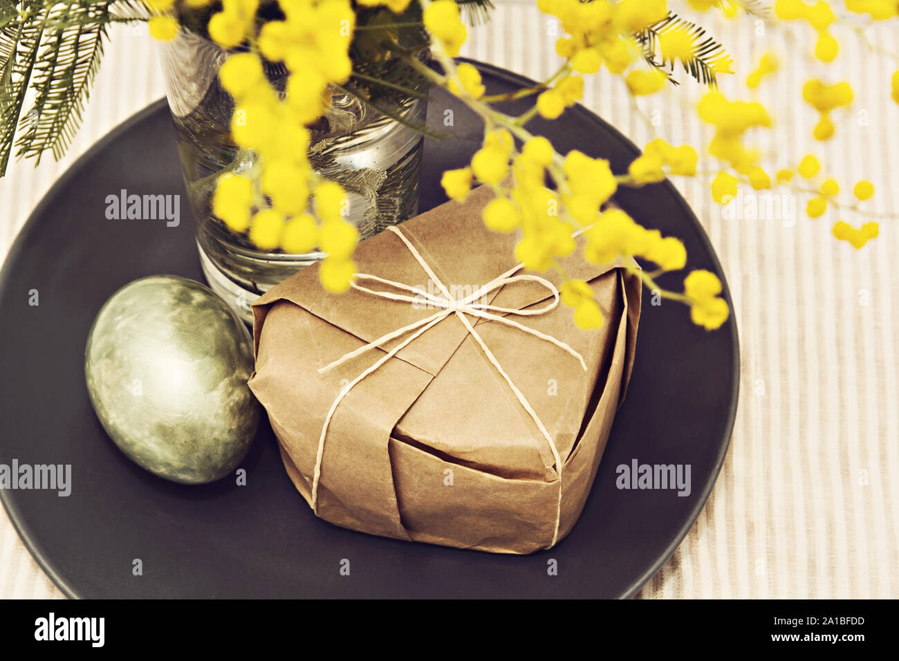 Easter yellow mimosa egg background Stock Photo