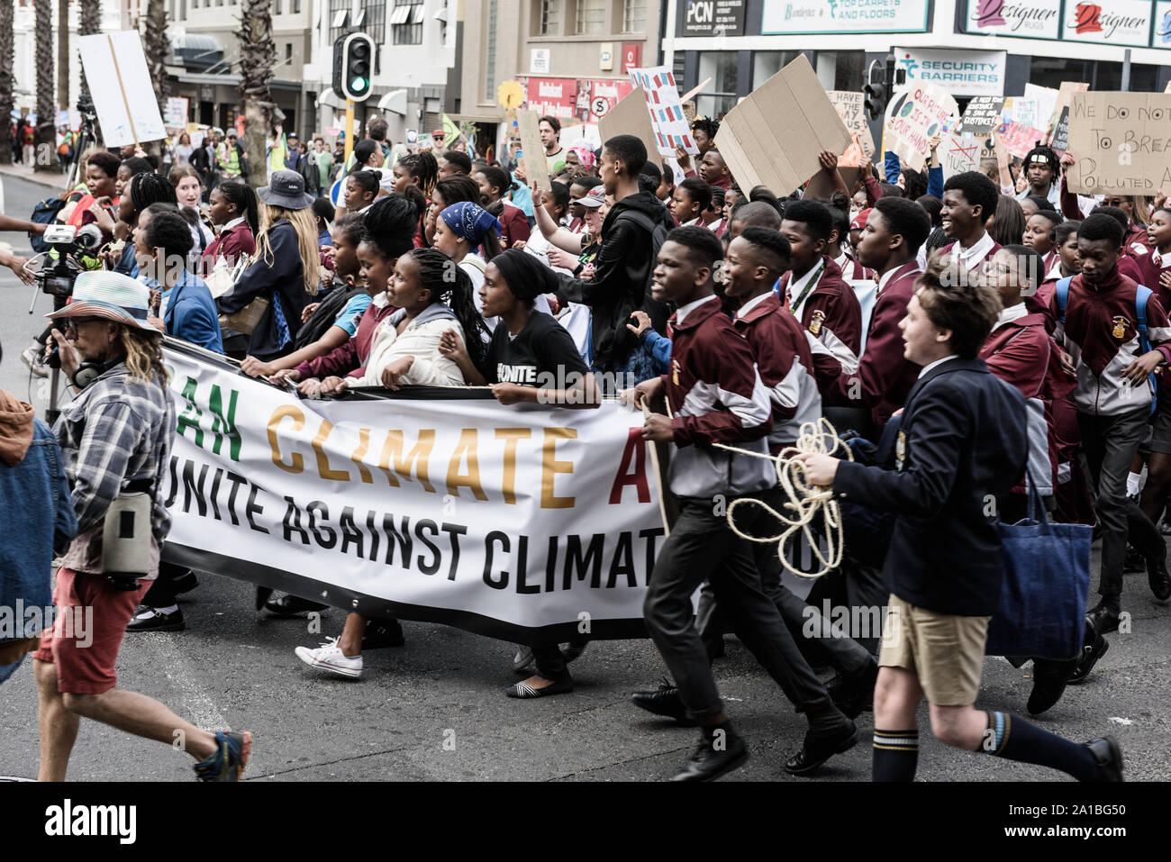 Protesters participate in the global climate strike inspired by climate activist Greta Thunberg in Cape Town, South Africa - 20 March 2019 Stock Photo