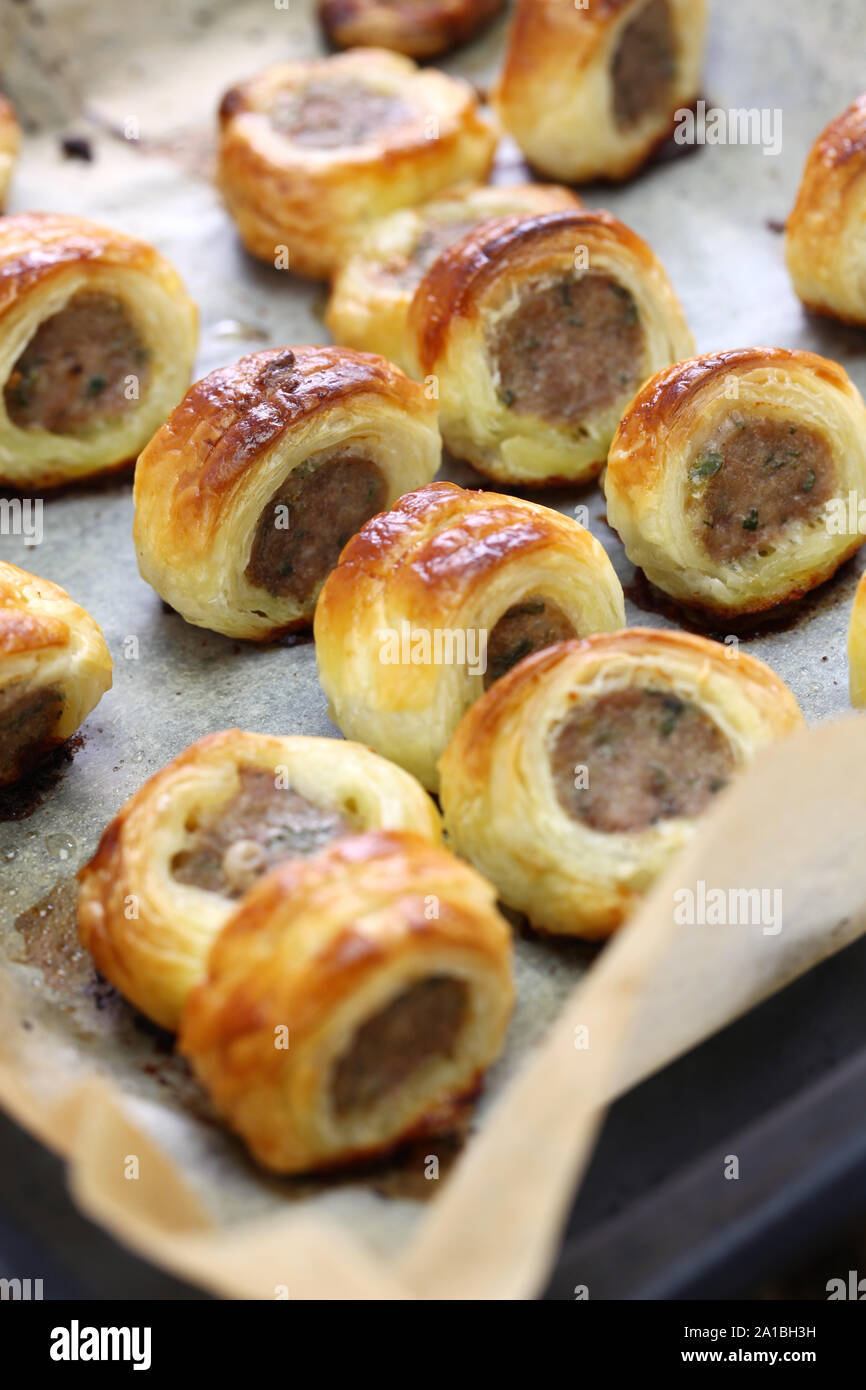 homemade sausage rolls, british savoury pastry snack Stock Photo