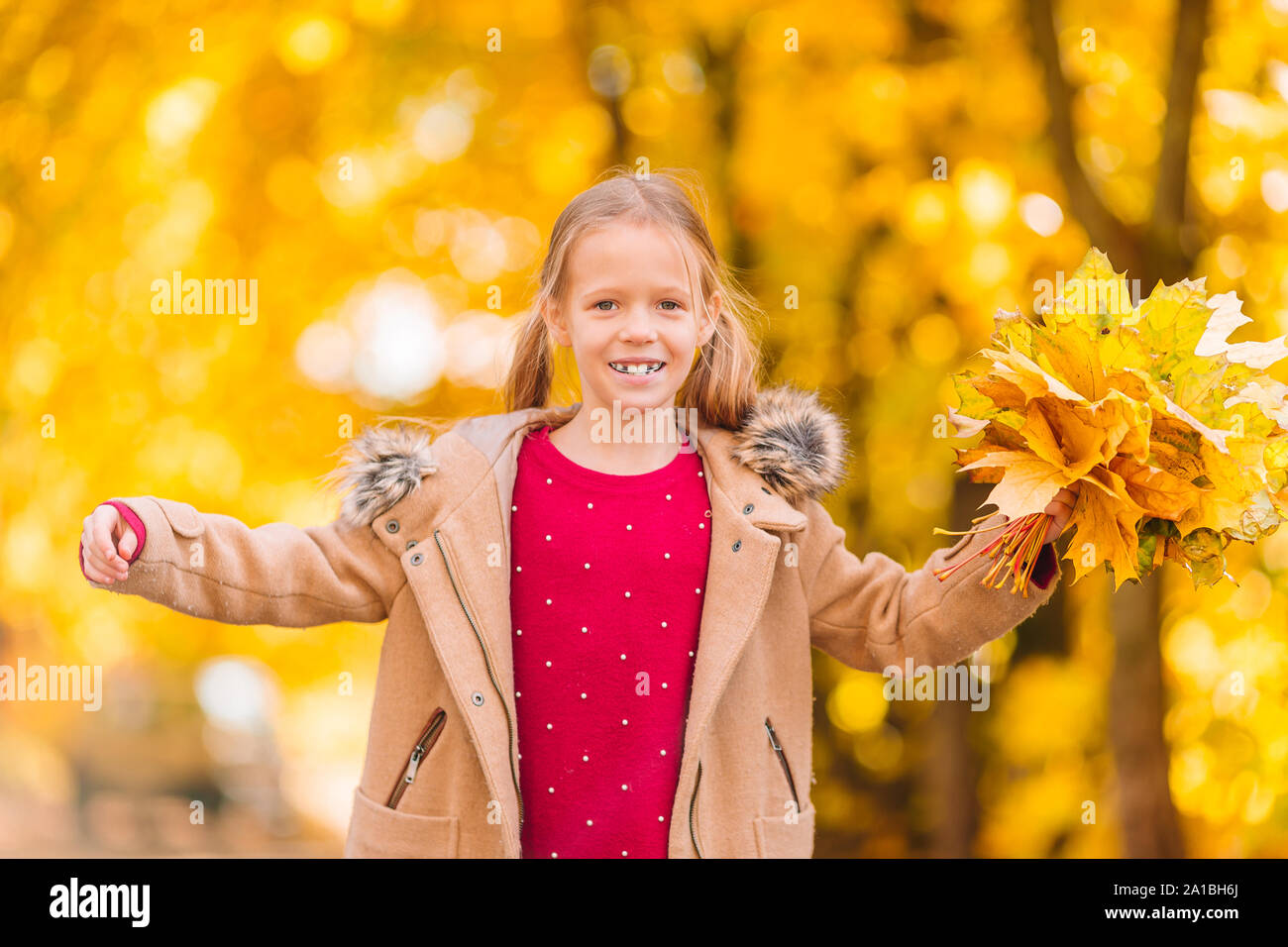 Portrait of adorable little girl with yellow leaves bouquet in fall at ...