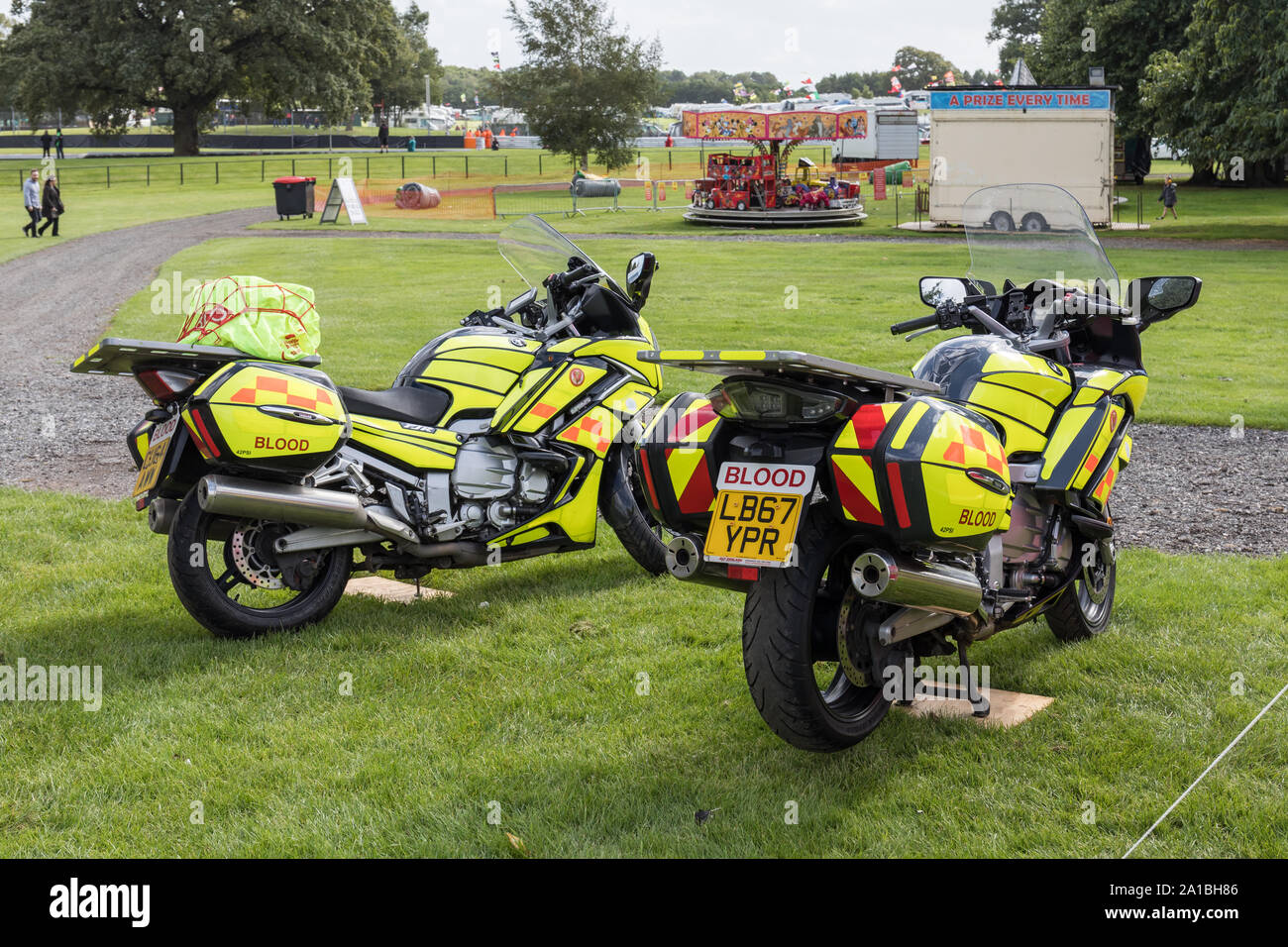 Blood delivery bikes on display at Oulton Park, UK Stock Photo