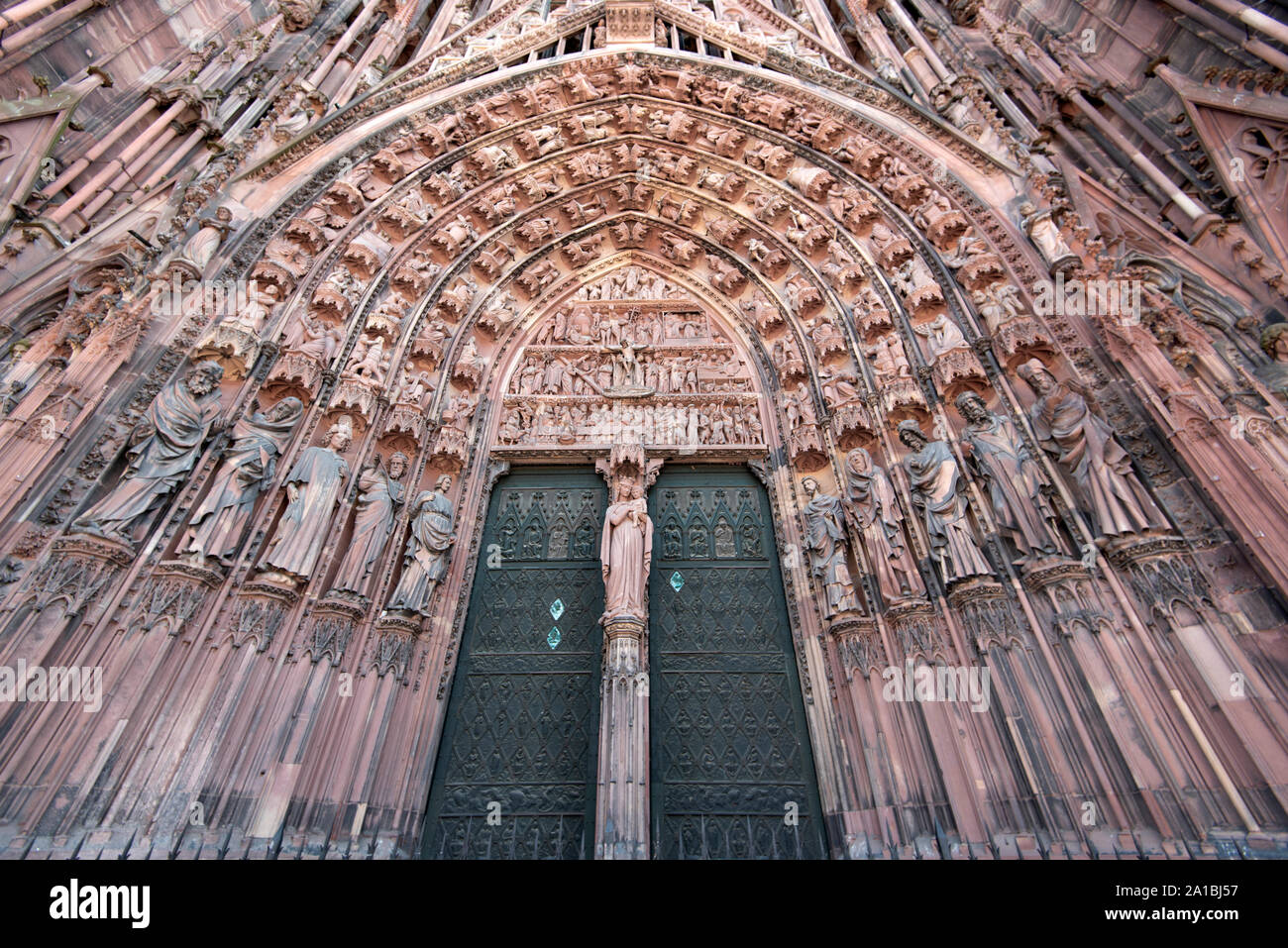 Close-up Details Portal of Strasbourg Cathedral or Cathedral of Our Lady of Strasbourg or Cathedrale Notre-Dame de Strasbourg in France Stock Photo