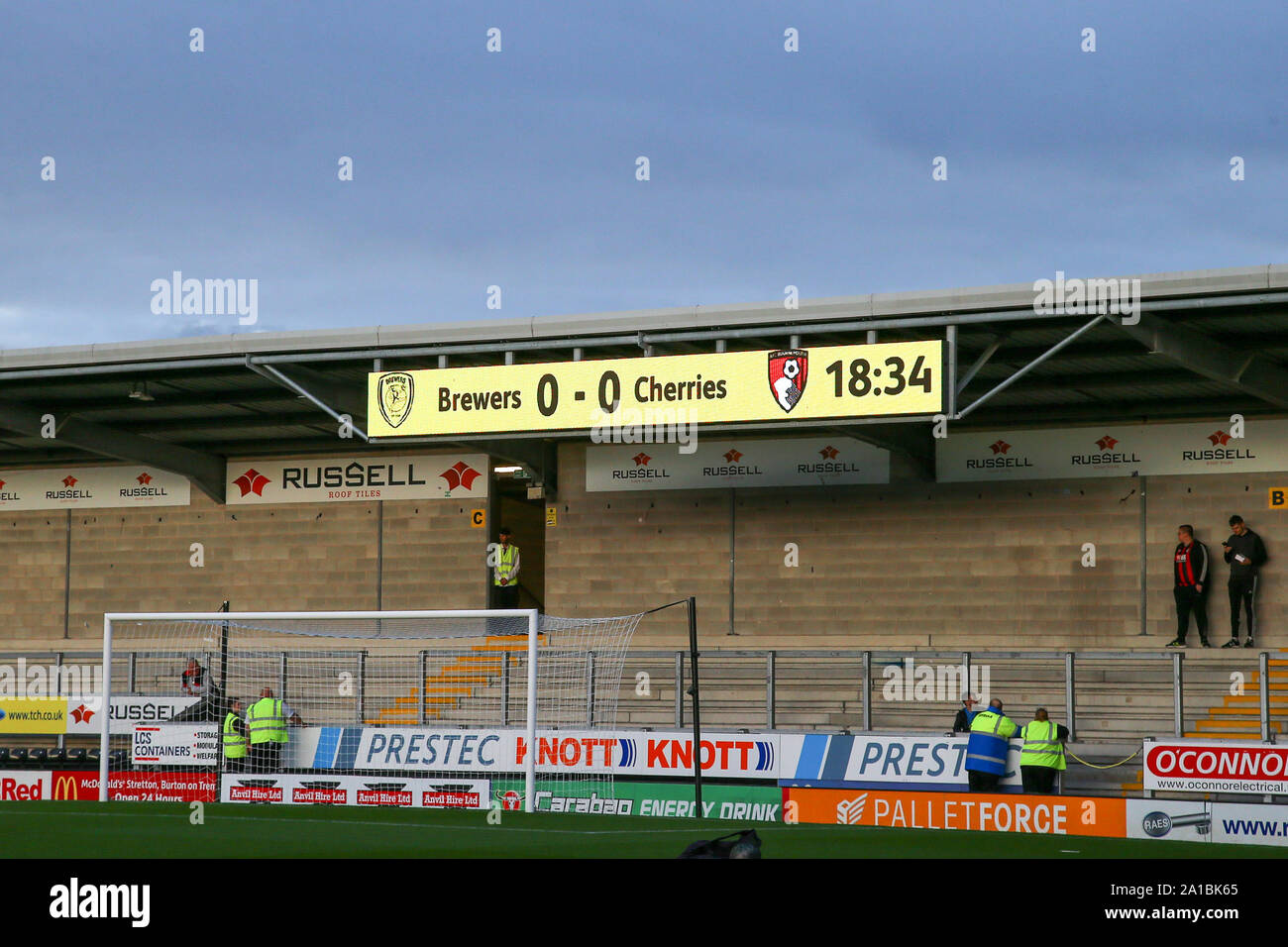 Burton Upon Trent, UK. 25th Sep, 2019. Scoreboard before the game during the EFL Carabao Cup match between Burton Albion and Bournemouth at the Pirelli Stadium, Burton upon Trent, England on 25 September 2019. Photo by Mick Haynes. Editorial use only, license required for commercial use. No use in betting, games or a single club/league/player publications. Credit: UK Sports Pics Ltd/Alamy Live News Stock Photo