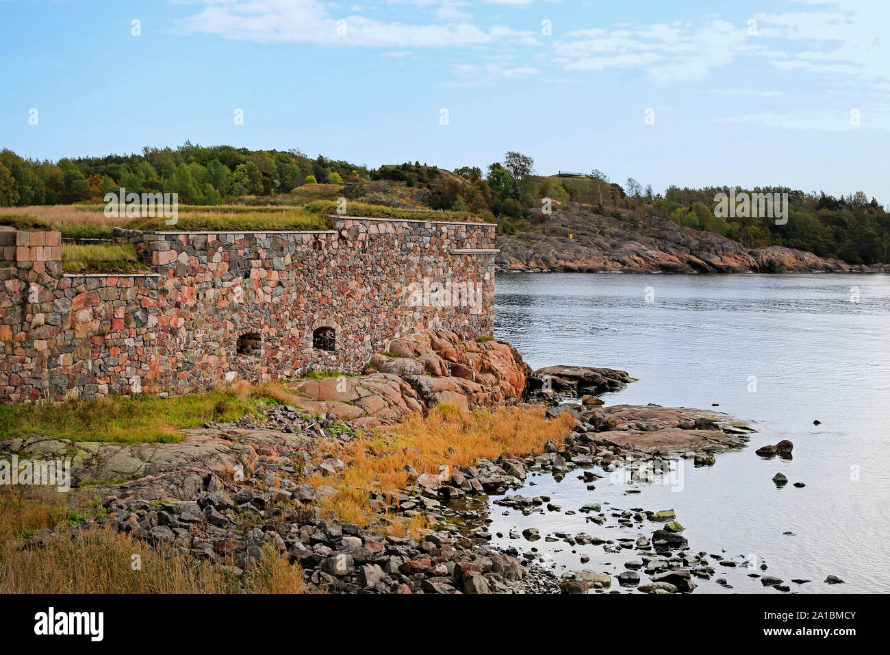 Historic fortifications facing the Gulf of Finland on Kustaanmiekka island, Suomenlinna, an UNESCO World Heritage site in Helsinki, Finland. Stock Photo