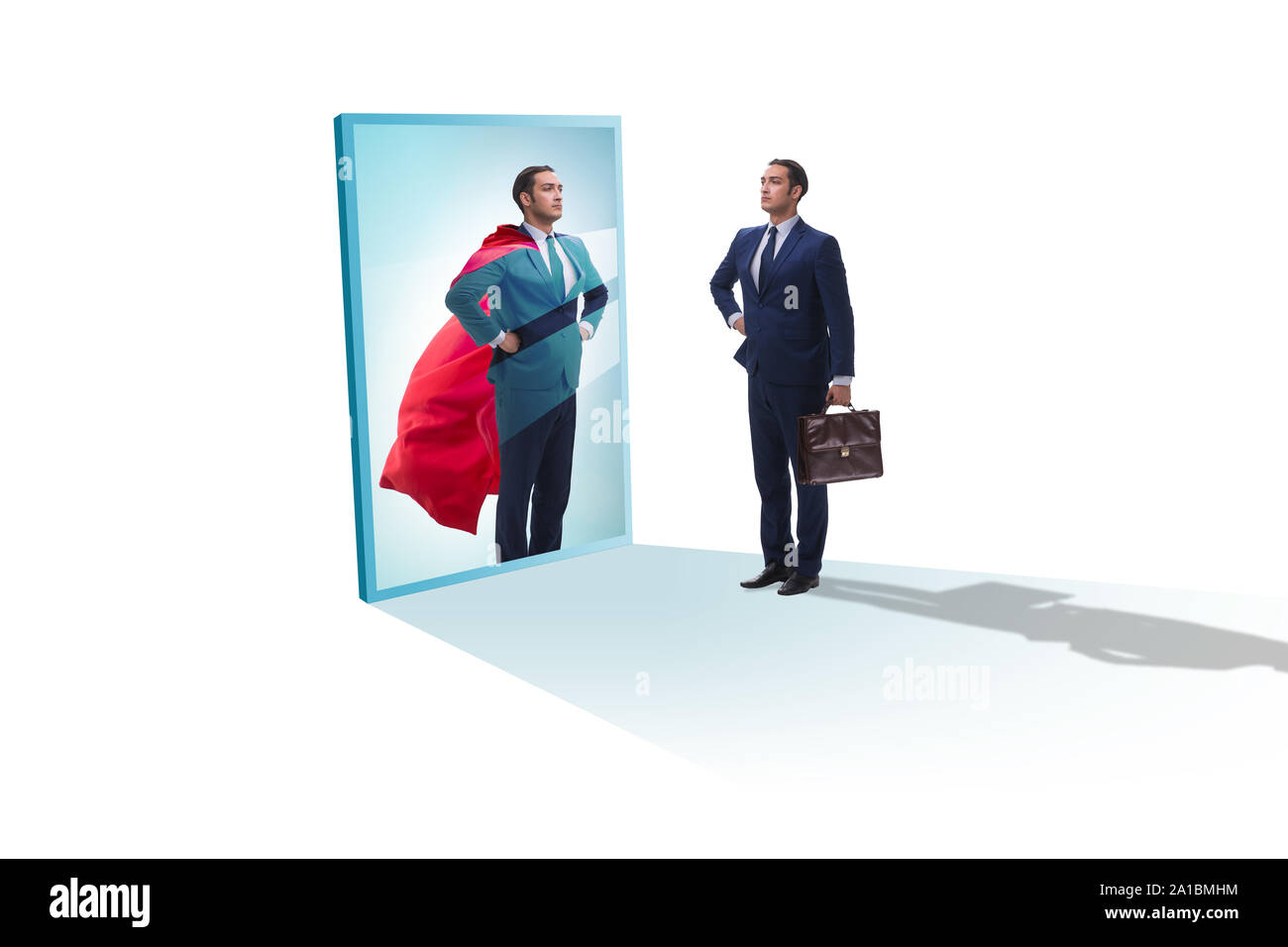 The businessman seeing himself in mirror as superhero Stock Photo - Alamy