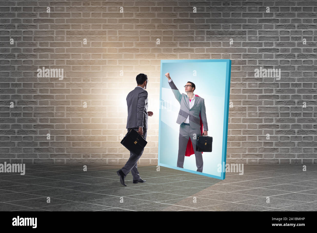 The businessman seeing himself in mirror as superhero Stock Photo - Alamy