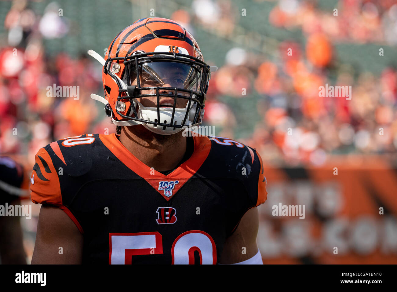 September 15, 2019: Cincinnati Bengals outside linebacker Jordan Evans (50)  during NFL football game action between the San Francisco 49ers and the  Cincinnati Bengals at Paul Brown Stadium on September 15, 2019