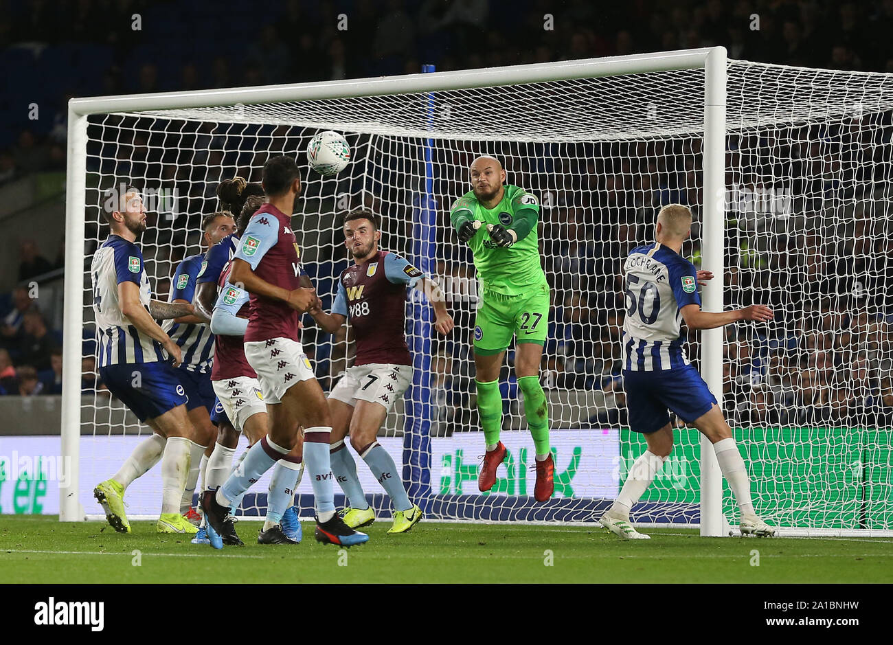 Brighton, UK. 25 September 2019 Brighton's David Button punchers the ball clear during the Carabao Cup third round match  between Brighton & Hove Albion and Aston Villa at the American Express Community Stadium in Brighton. Credit: James Boardman/TPI/ Alamy Live News Stock Photo