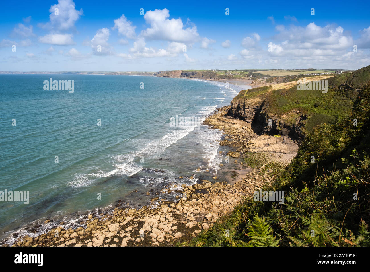 Looking along the coast towards Little Haven, on the coast of St Bride's Bay, Pembrokeshire National Park, South West Wales UK Stock Photo