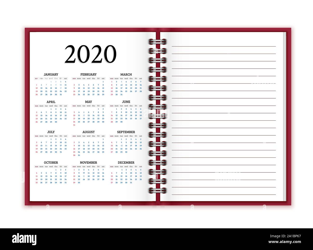 Notebook paper with calendar for 2020 vector background Stock Vector