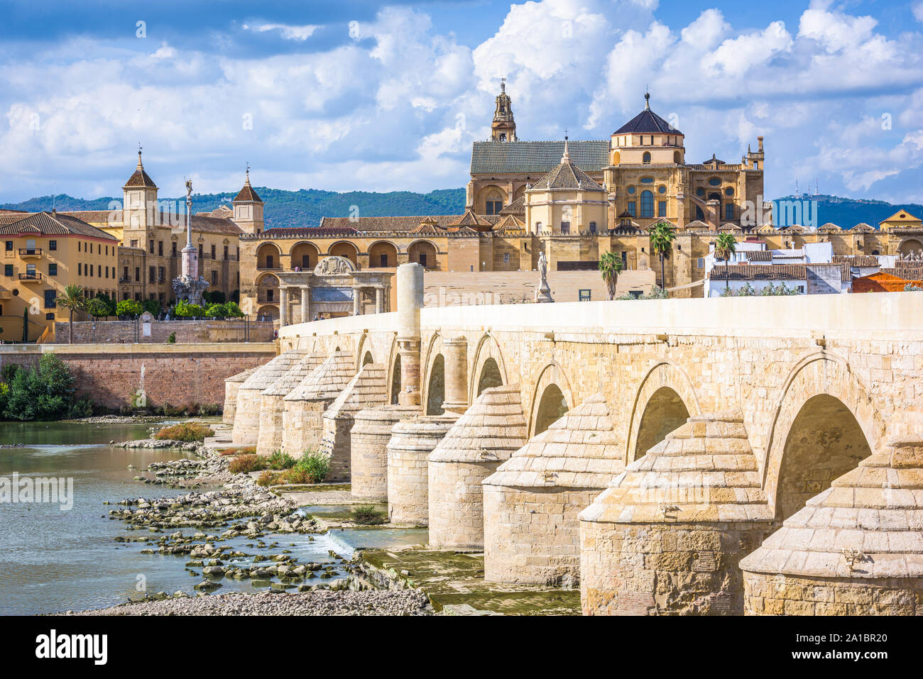 Cordoba, Spain at the Roman Bridge and Mosque-Cathedral on the Guadalquivir River. Stock Photo