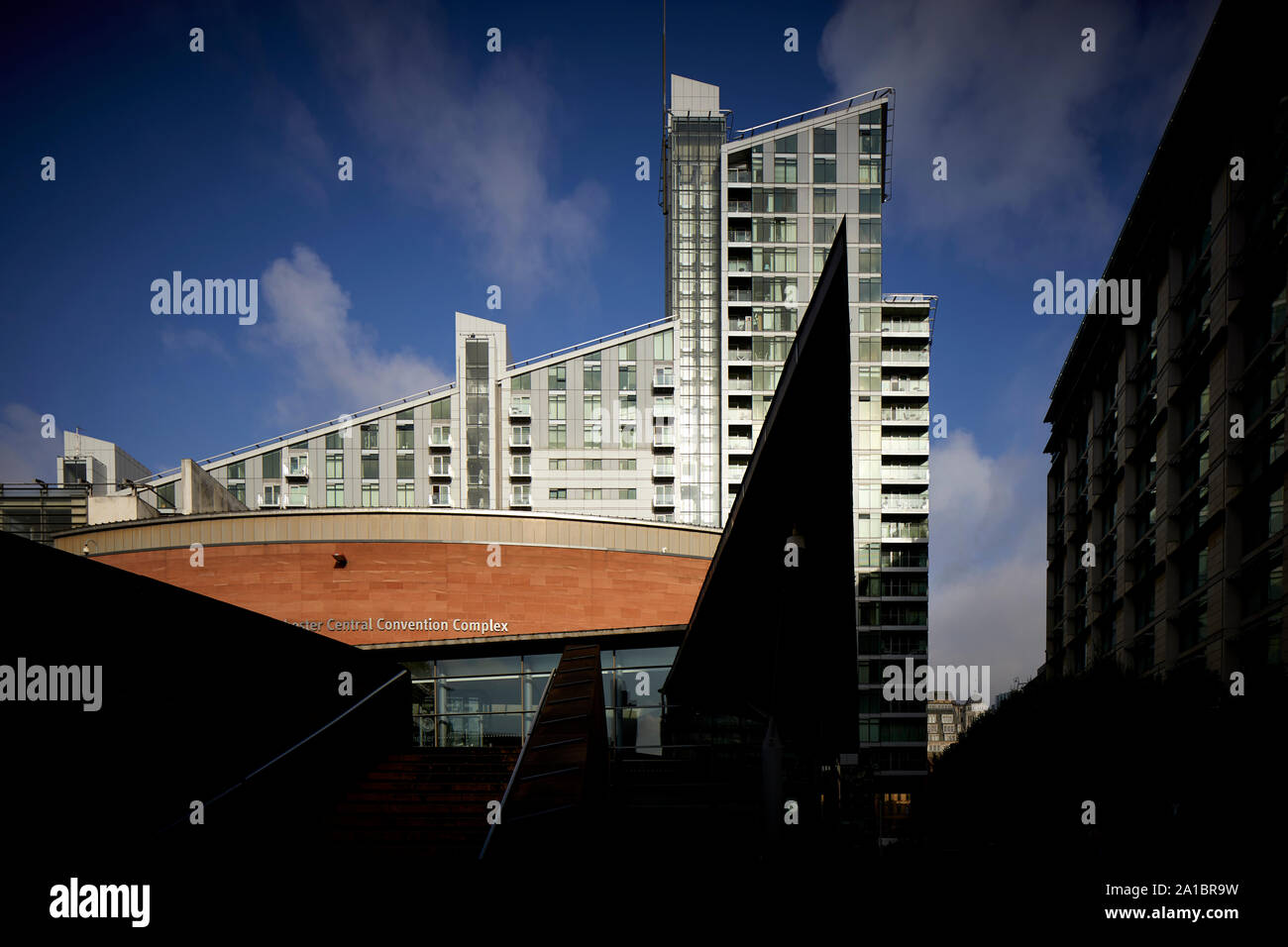 Manchester Central Convention Complex with Great Northern Tower apartments behind Stock Photo