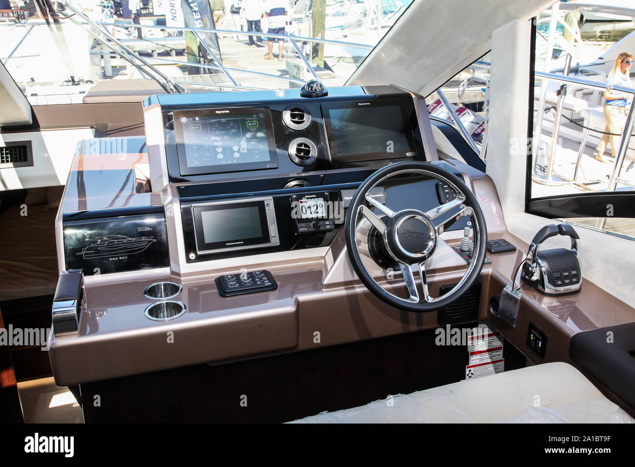 NORWALK, CT, USA - SEPTEMBER 19, 2019: New 2020 Galeon 560 SKY  shoving on Progressive Norwalk Boat Show Day 1 From September 19-22, 2019. Stock Photo