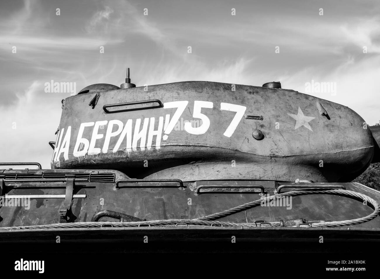 Soviet tank tower T-34 with the inscription 'to Berlin' during the military historical reconstruction of 'Karpaty 1944' in Medzilaborce, Slovakia. Stock Photo