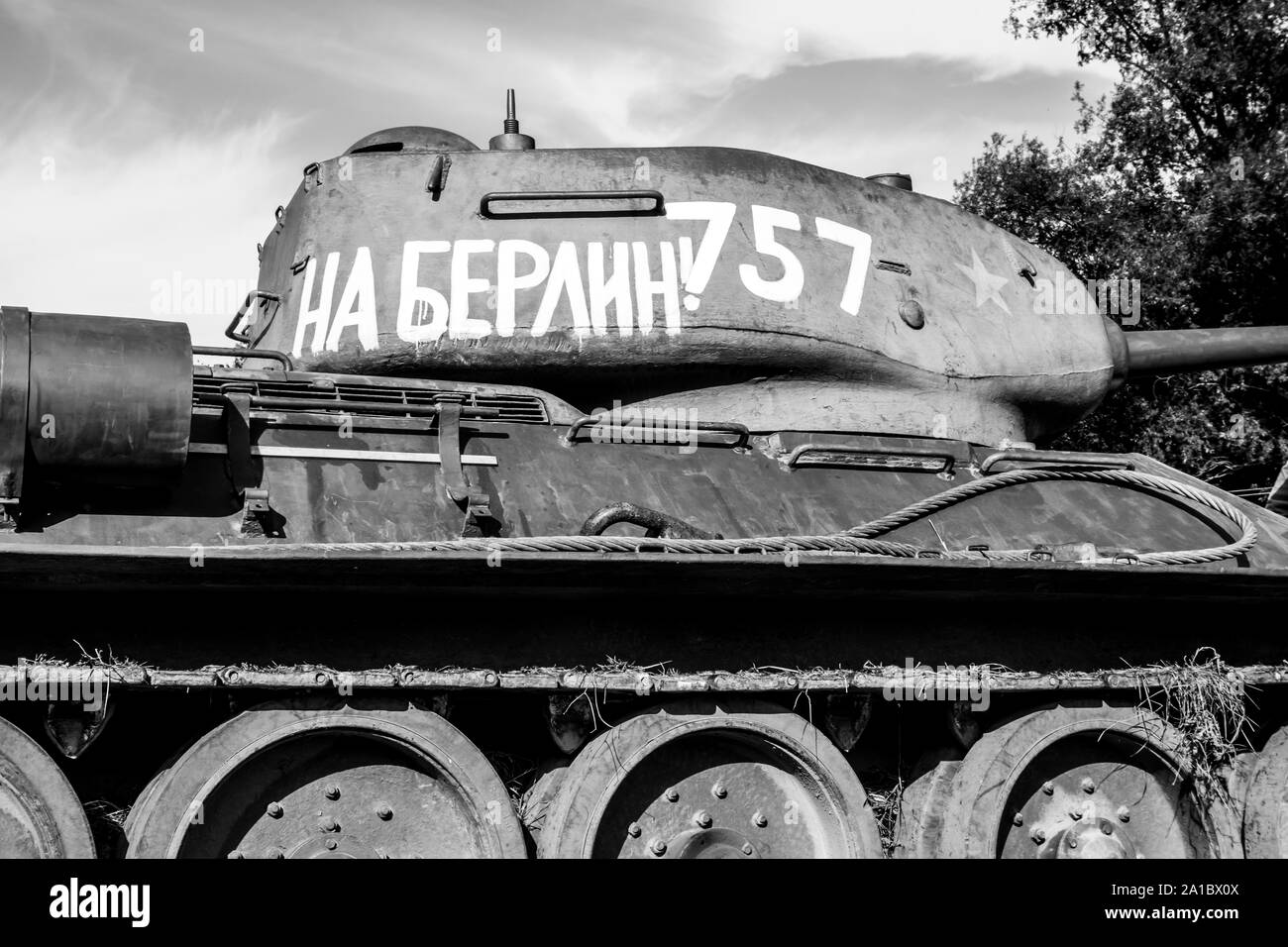 Soviet tank T-34 with the inscription 'to Berlin' during the military historical reconstruction of 'Karpaty 1944' in Medzilaborce, Slovakia. Stock Photo