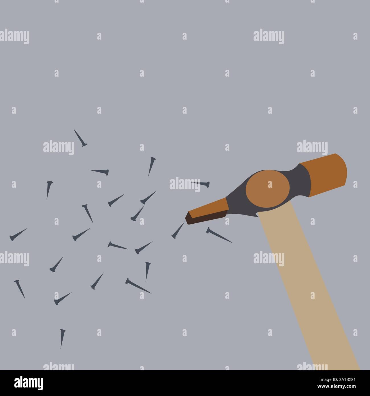 Hammer and nails, illustration, vector on white background. Stock Vector