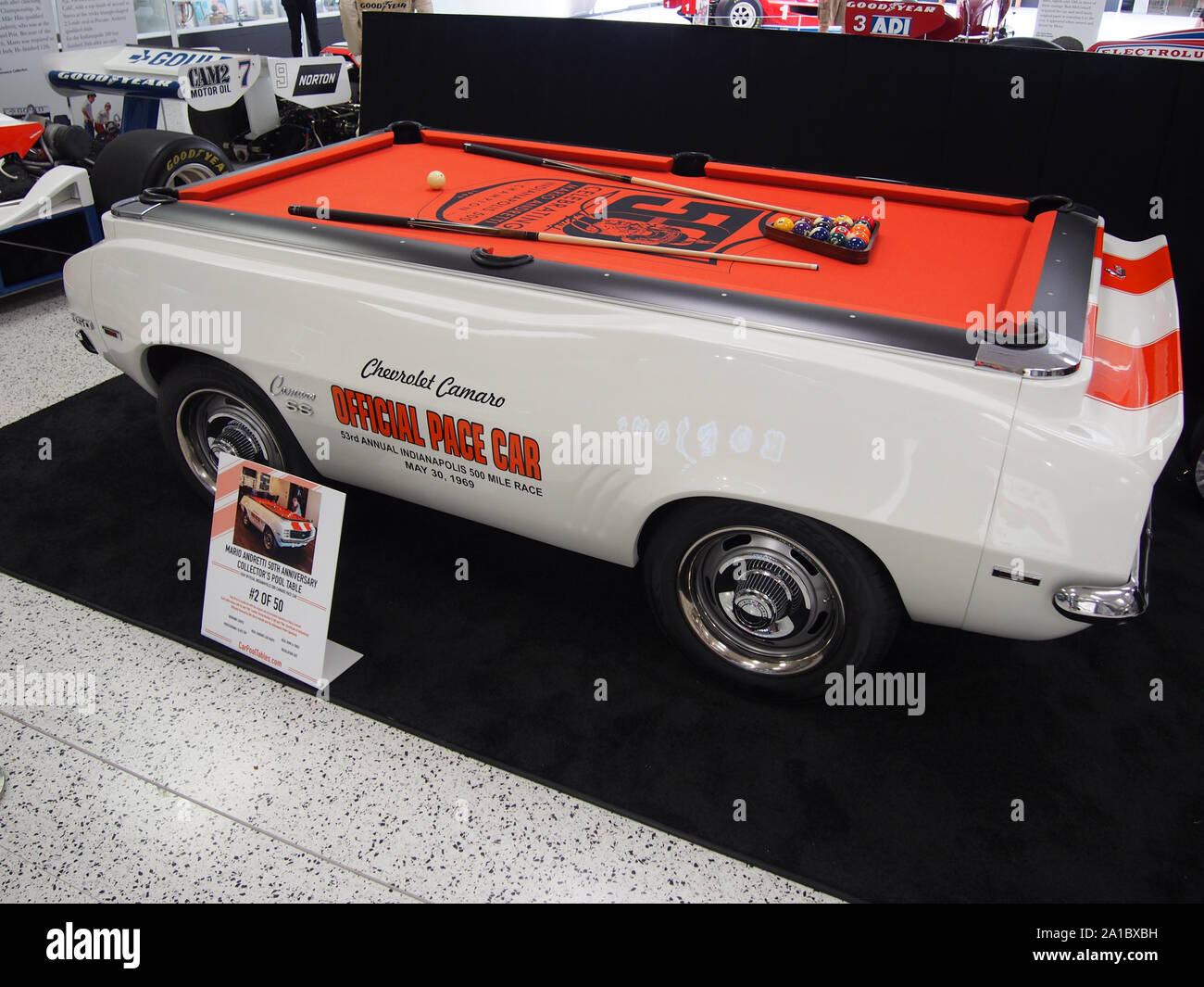 Chevrolet Camaro Official Pace Car converted to pool table on display at the Indianapolis Motor Speedway Museum, Indiana, July 28, 2019, © Katharine A Stock Photo