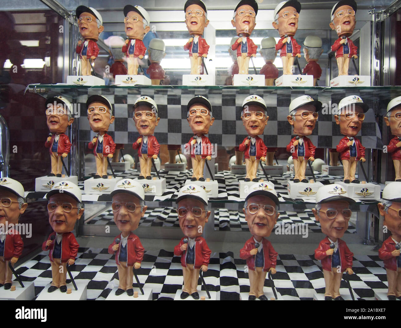 Tom Carnegie Track Announcer Bobble Head Doll Souvenirs on display at the Indianapolis Motor Speedway Museum, Indiana, July 28, 2019, © Katharine Andr Stock Photo