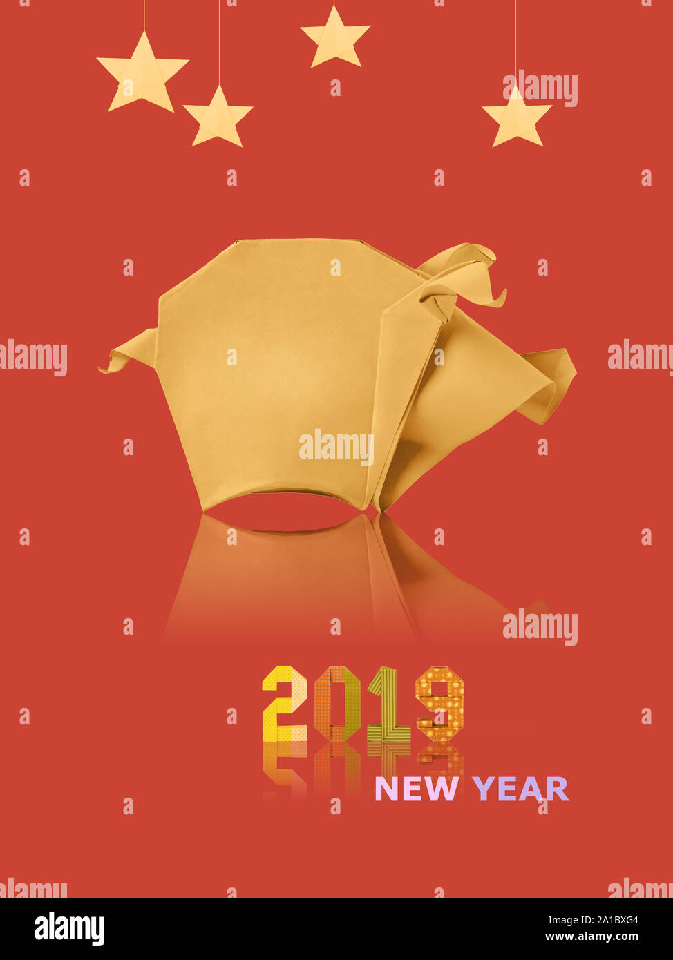 Chinese Zodiac Sign Year of Pig, paper cut pig,Happy Chinese New Year 2019 year of the pig on red Stock Photo