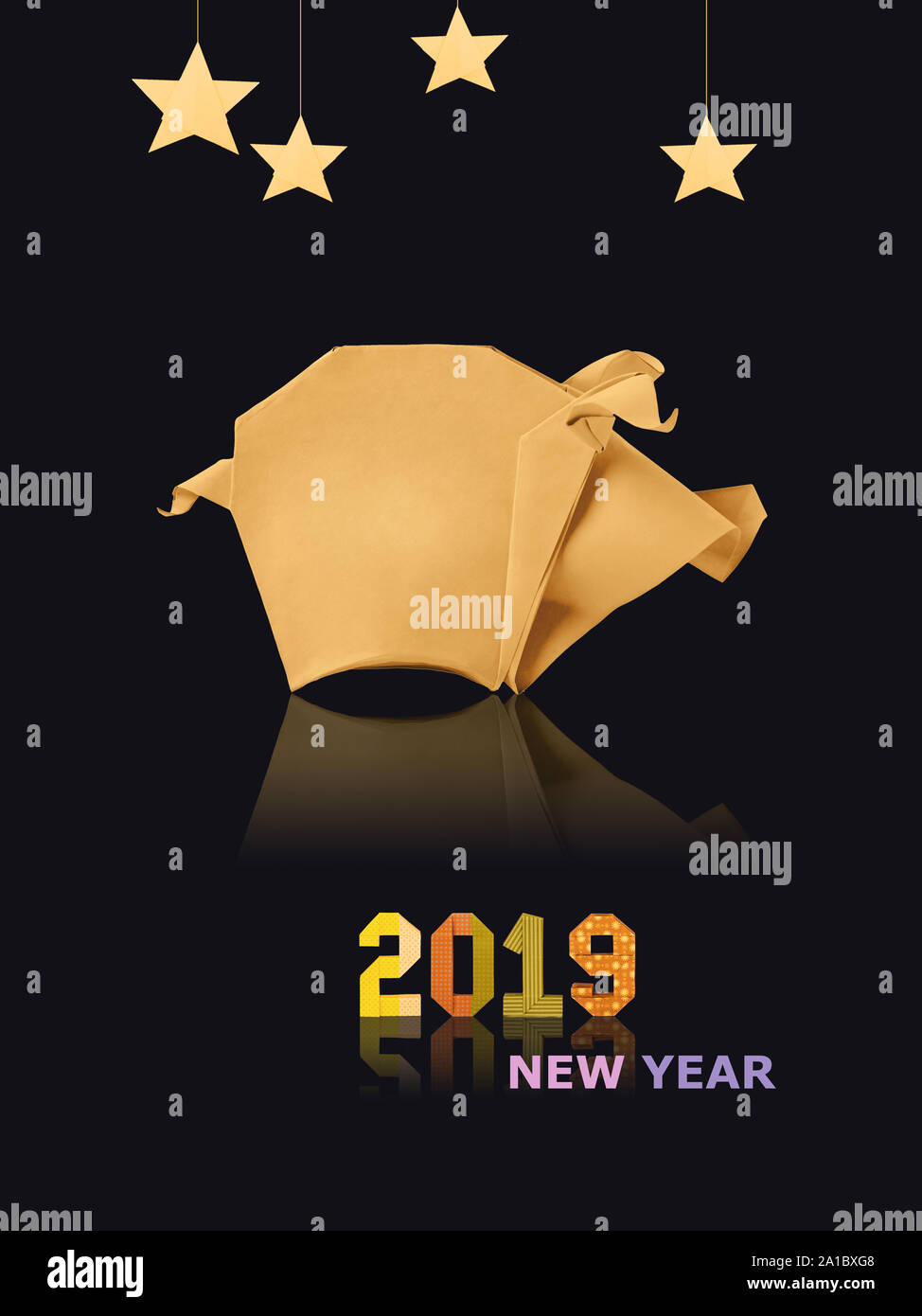 Chinese Zodiac Sign Year of Pig, paper cut pig,Happy Chinese New Year 2019 year of the pig on black Stock Photo