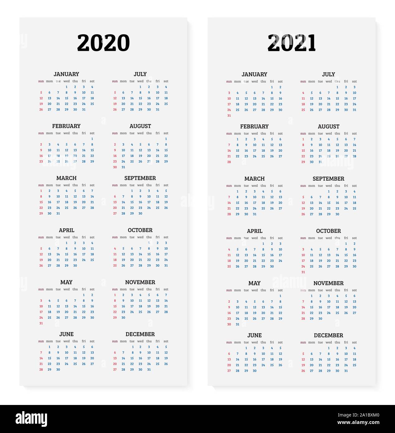 2020 and 2021 annual calendar. Vector illustration Stock Vector
