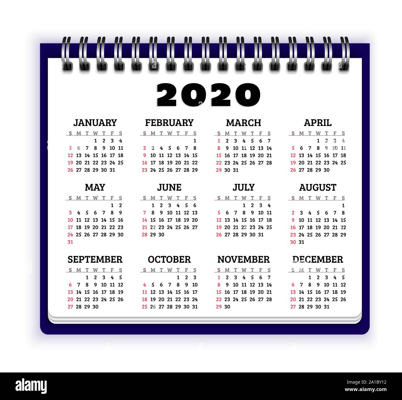 Notebook paper with calendar for 2020 year. Week starts from sunday. Vector background Stock Vector