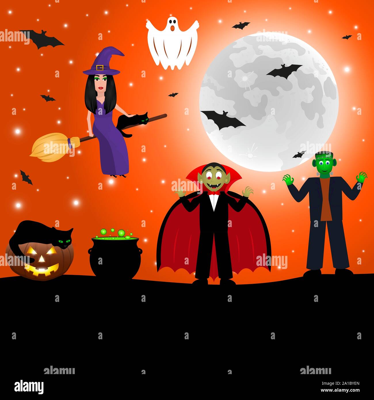 Witch With A Cat On A Broomstick For Halloween Against The Background