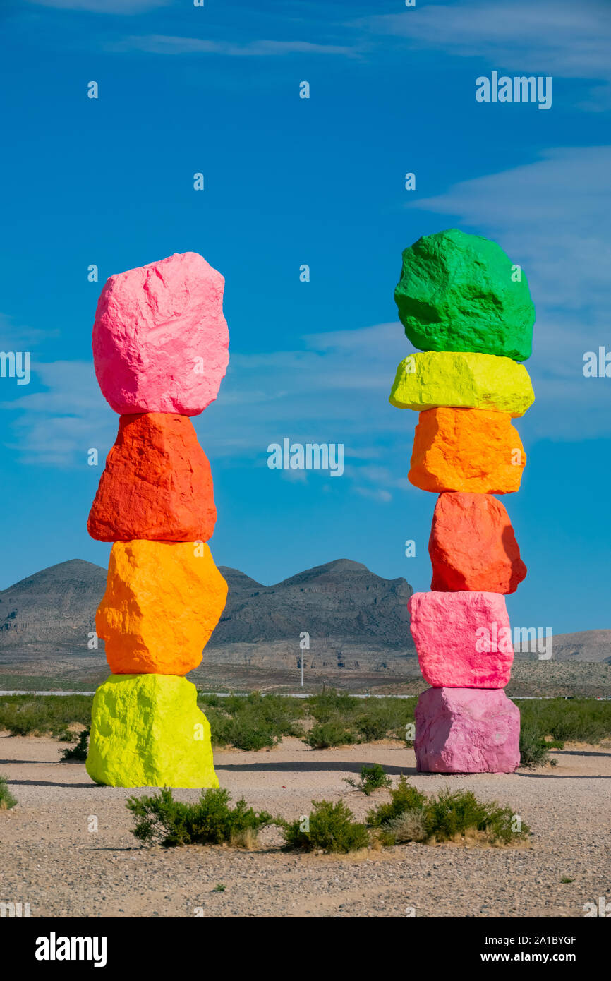 Morning view of the Seven Magic Mountains at Nevada Stock Photo