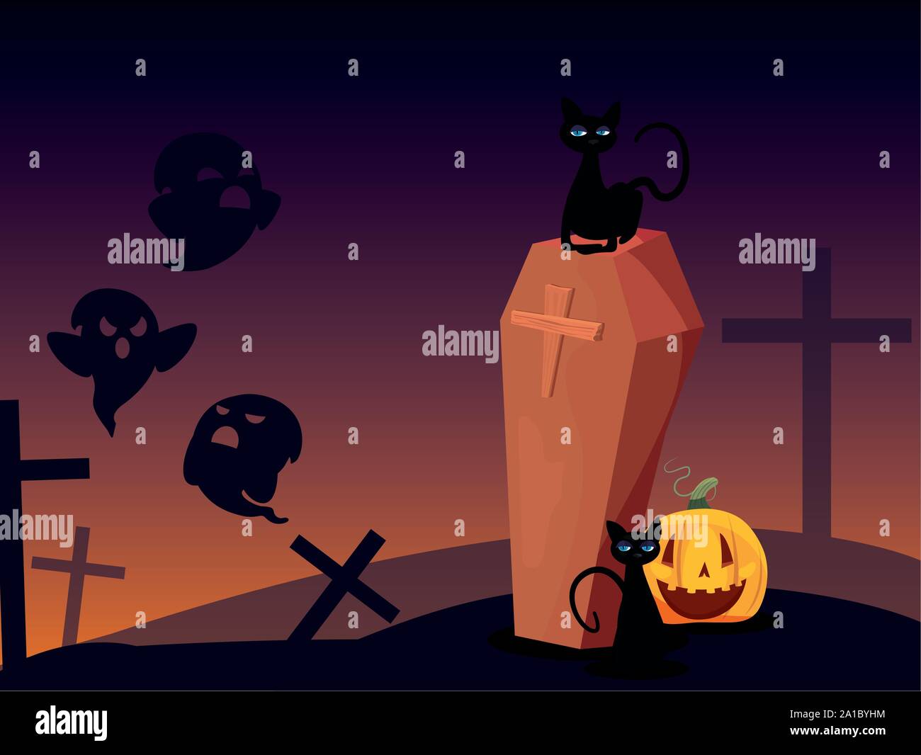 pumpkin with black cat in scene of halloween vector illustration design ...