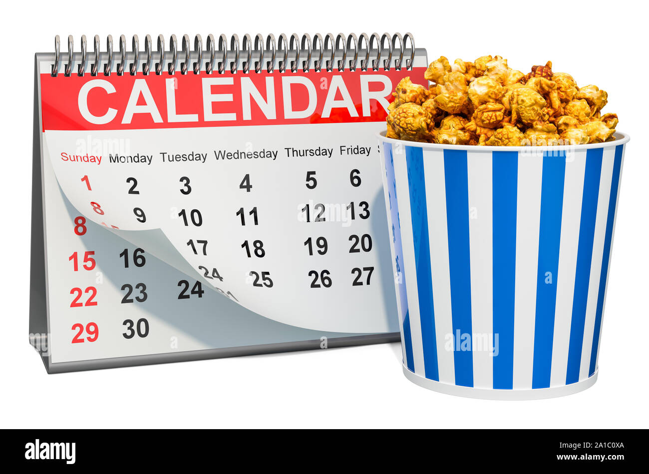 Desk calendar with popcorn container. Movie releases calendar concept
