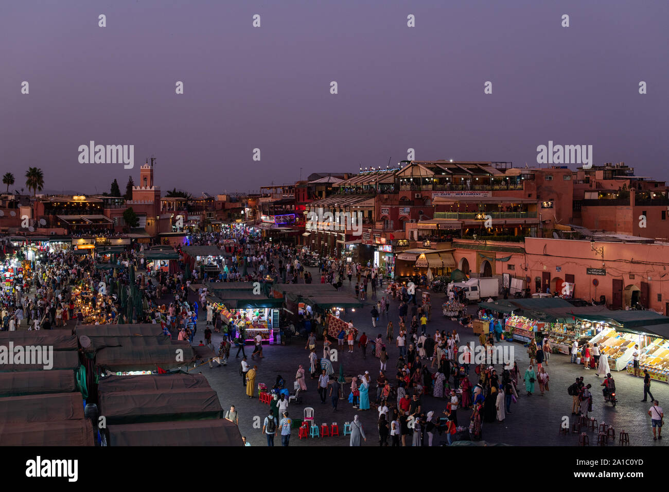 The famous Jamaa el Fna square in Marrakech, Morocco. Jemaa el-Fnaa, Djema el-Fna or Djemaa el-Fnaa is a famous square and market place in Marrakesh's Stock Photo