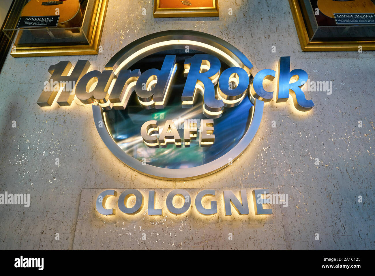 COLOGNE, GERMANY - CIRCA SEPTEMBER, 2018: close up shot of Hard Rock Cafe sign. Hard Rock Cafe Inc. is a chain of theme restaurants. Stock Photo